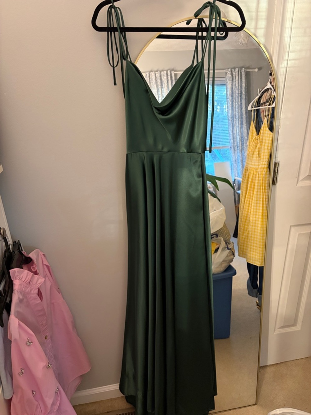 Emerald Satin Cowl-Neck Prom Dress with Tie Straps
